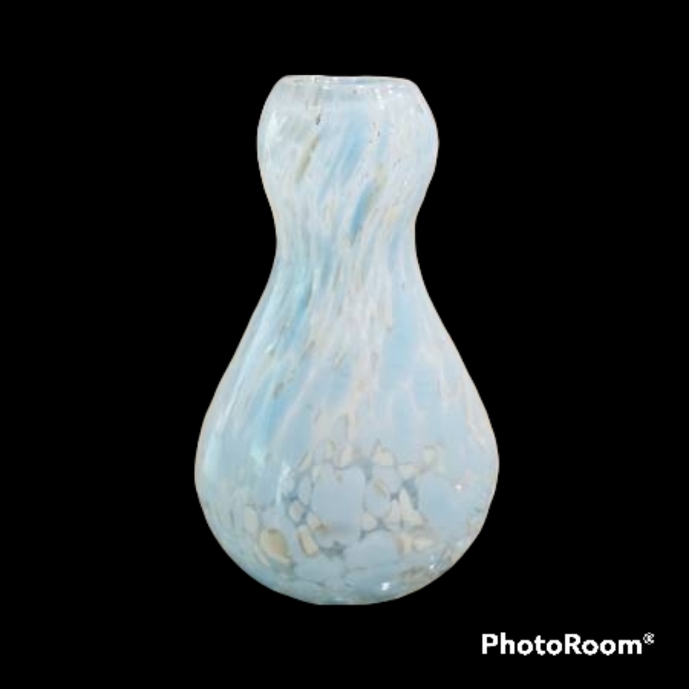 Vintage Blue White Murano Styled Italian Art Glass Small Bud Vase. 4.5 In Tall